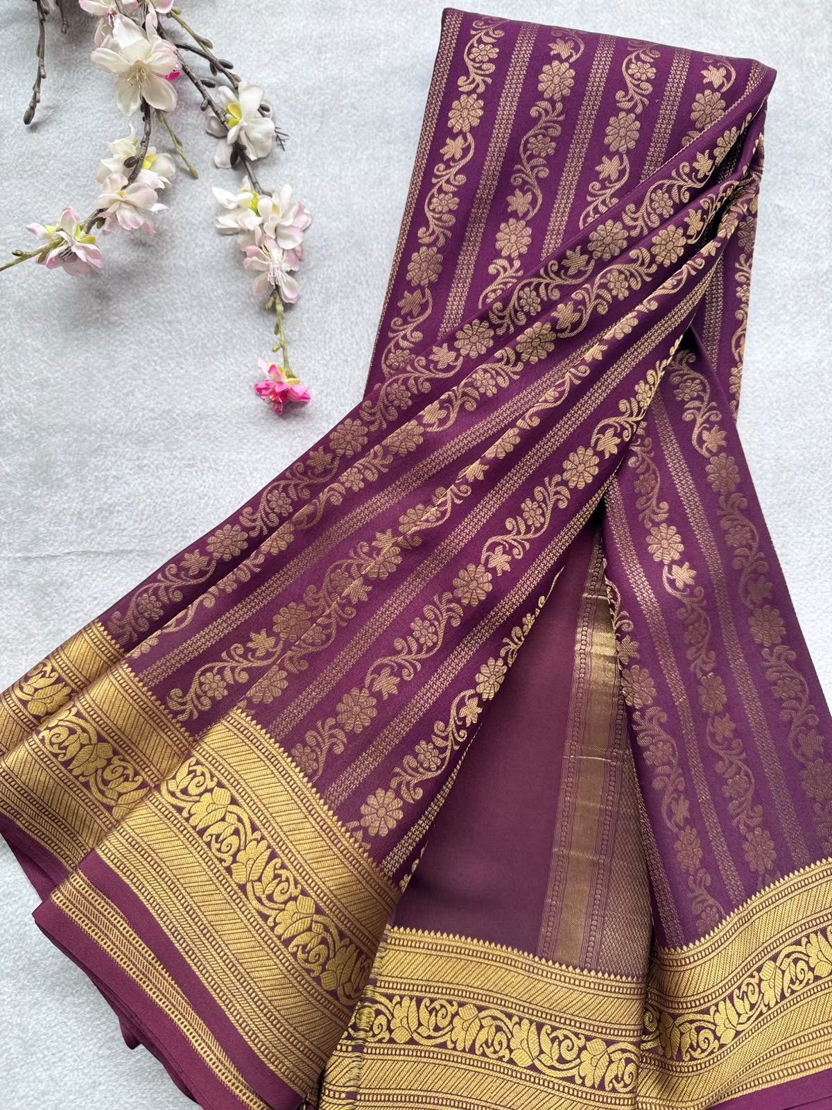 Wine Brocade Pure Mysore Crepe Silk Saree 109