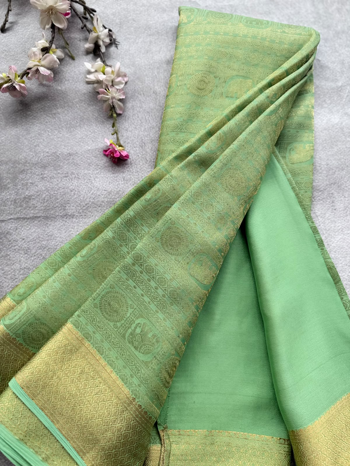 Pastel Green Brocade Pure Mysore Crepe Silk Saree 109