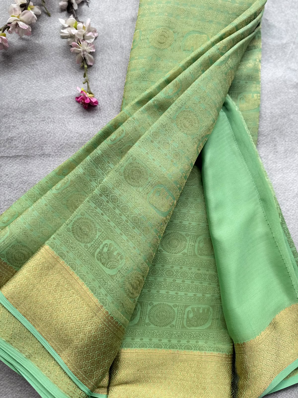 Pastel Green Brocade Pure Mysore Crepe Silk Saree 109