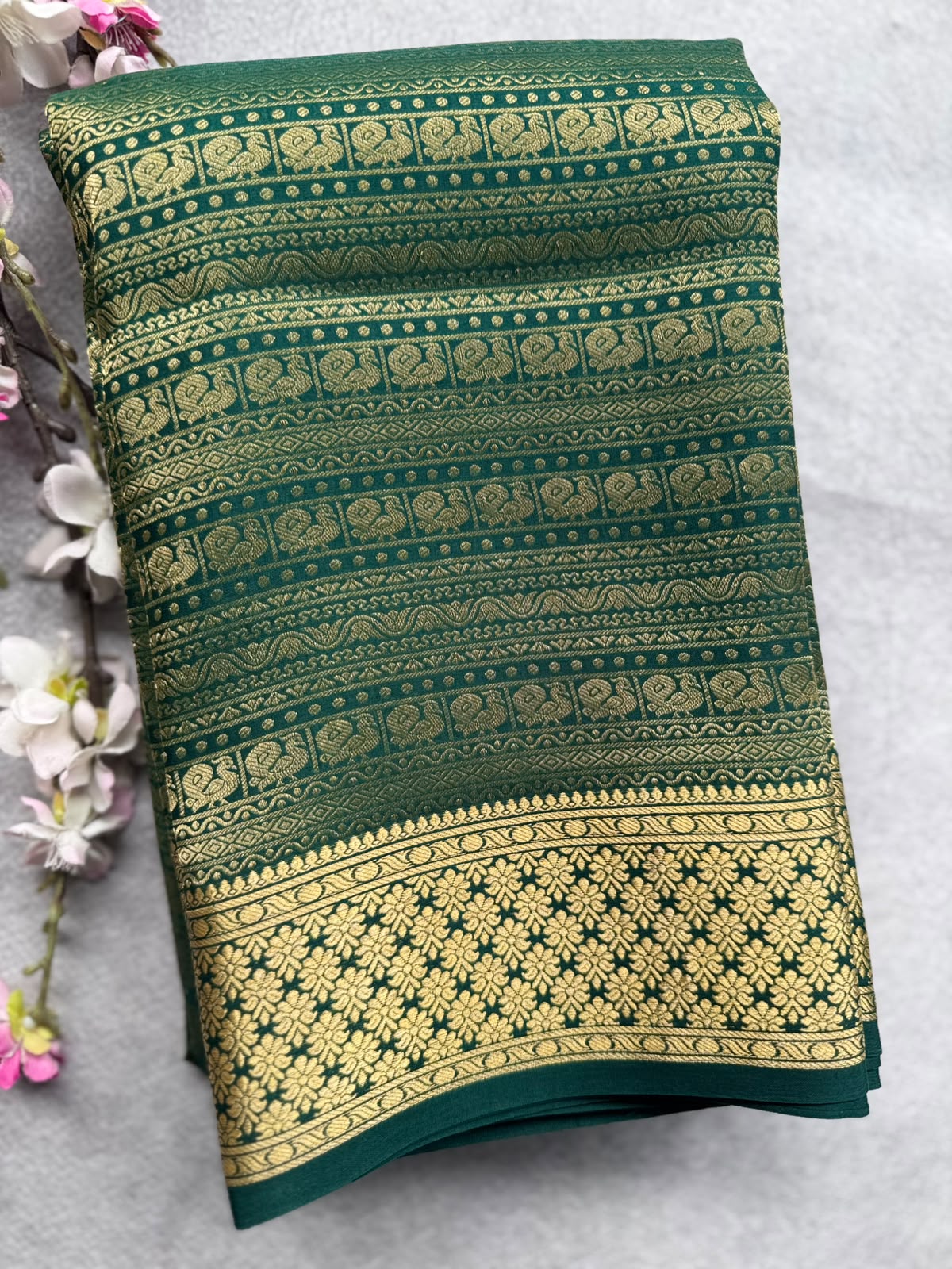 Bottle Green Brocade Pure Mysore Crepe Silk Saree 109