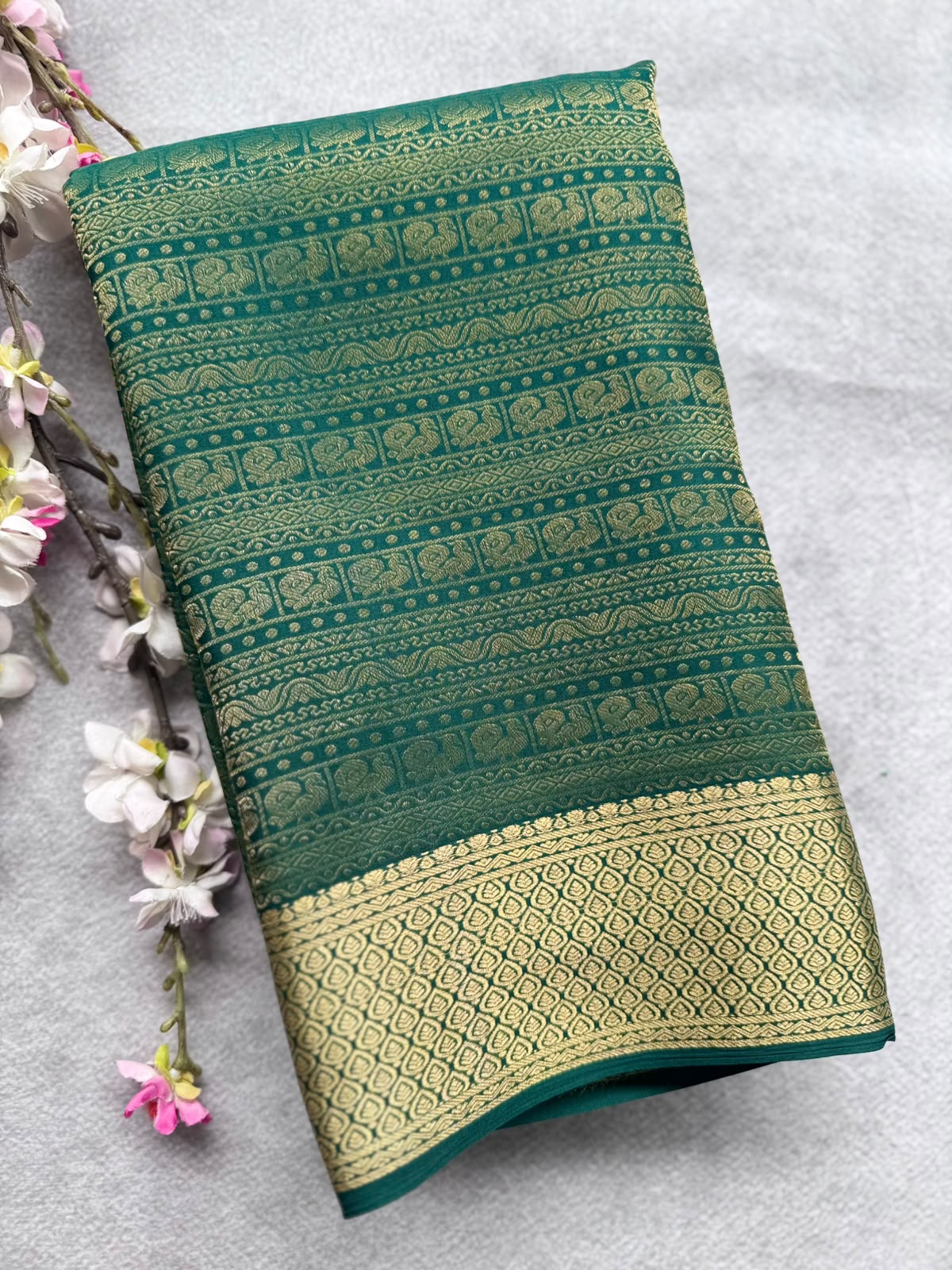 Bottle Green Brocade Pure Mysore Crepe Silk Saree 109