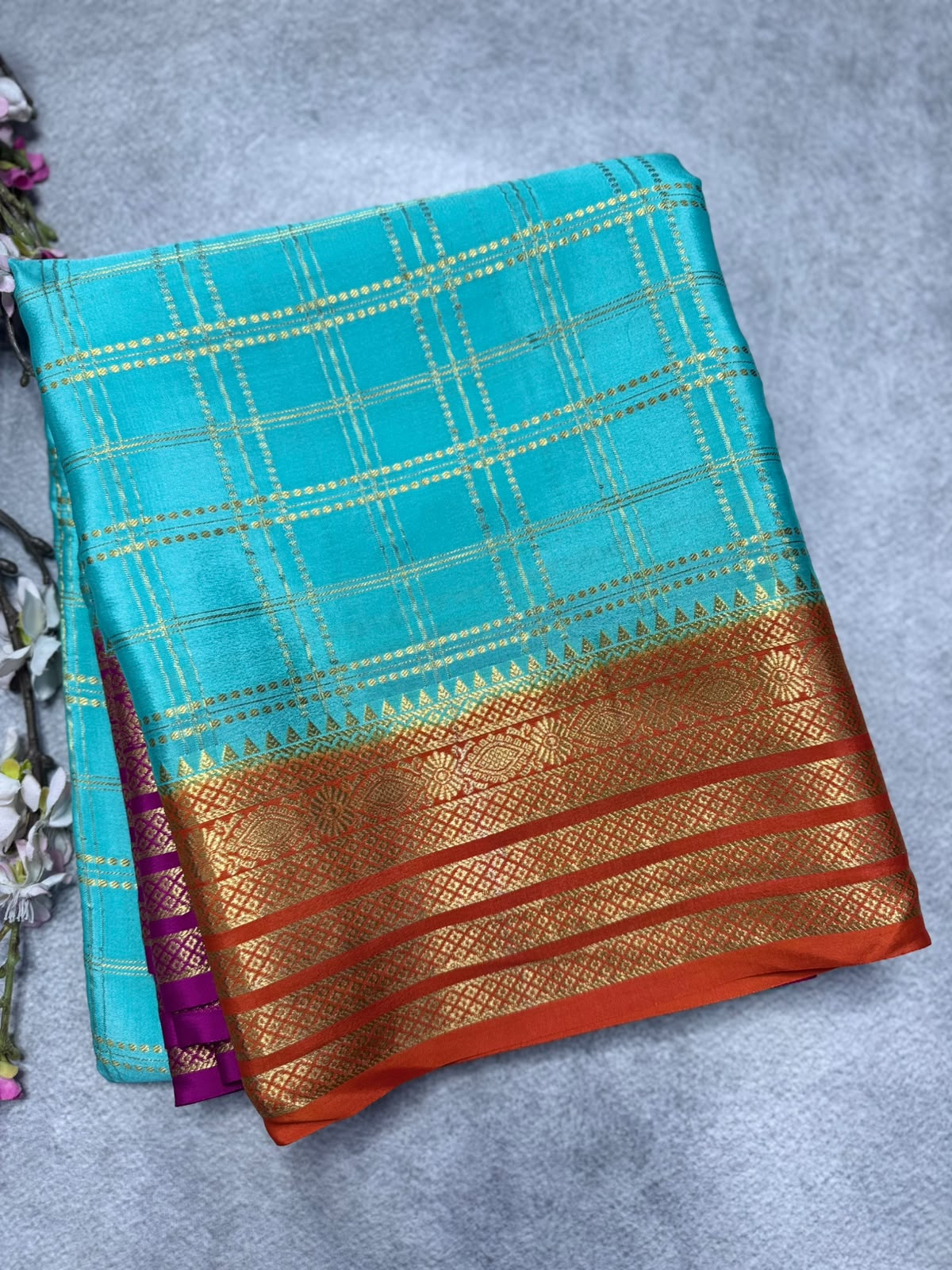 Aqua Blue Ganga Jamuna Border Pure Mysore Crepe Silk Saree 108