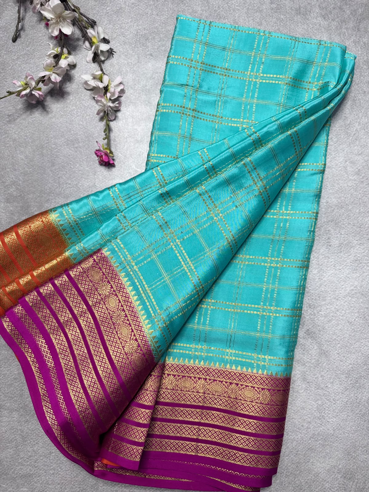 Aqua Blue Ganga Jamuna Border Pure Mysore Crepe Silk Saree 108