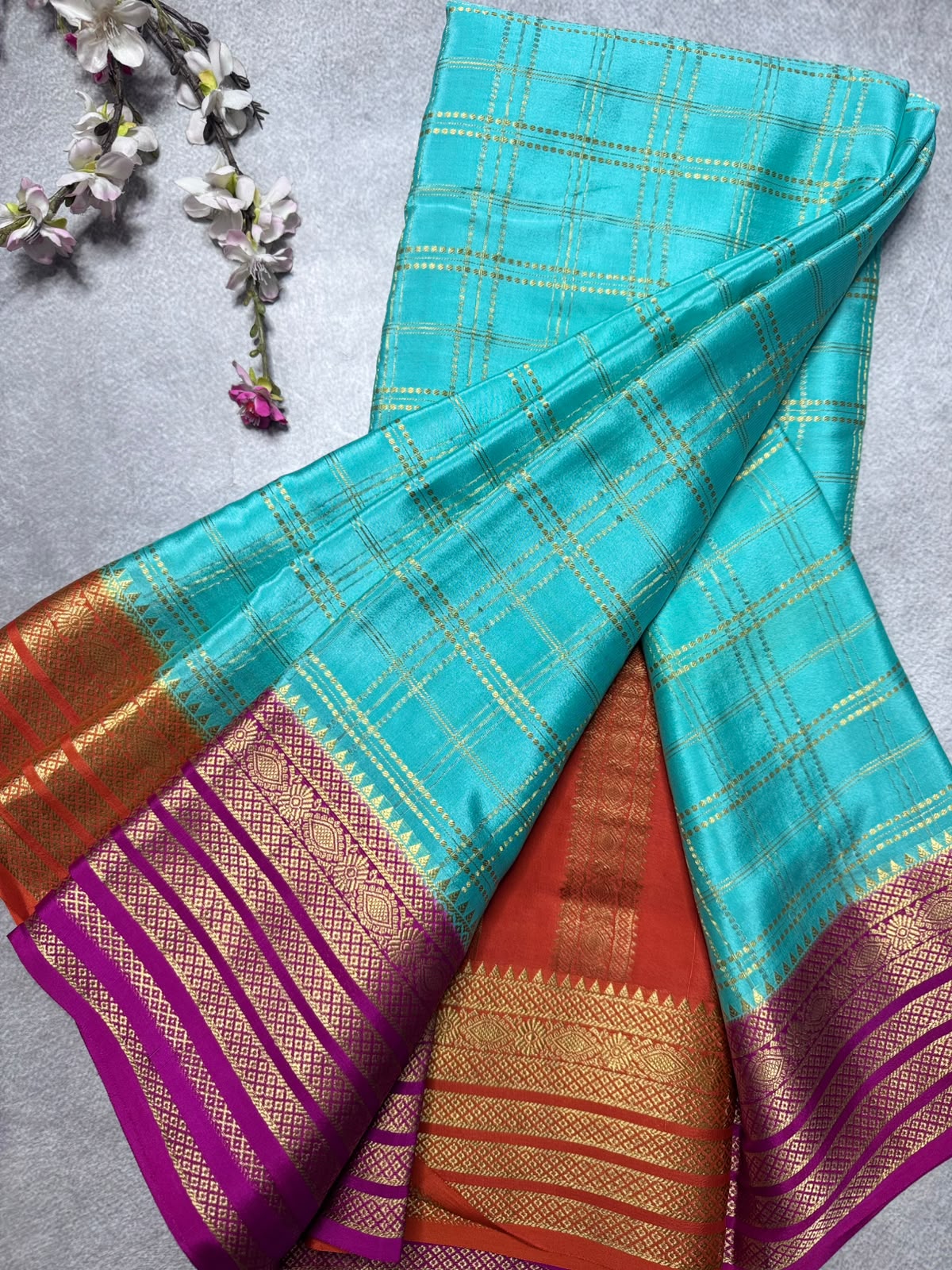 Aqua Blue Ganga Jamuna Border Pure Mysore Crepe Silk Saree 108