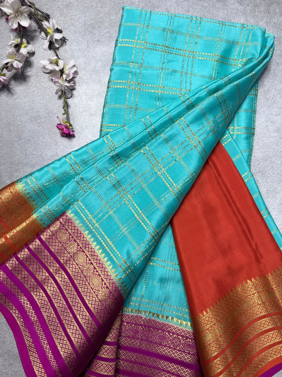 Aqua Blue Ganga Jamuna Border Pure Mysore Crepe Silk Saree 108