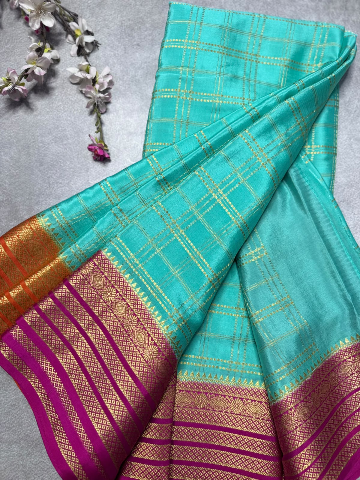 Aqua Blue Ganga Jamuna Border Pure Mysore Crepe Silk Saree 108