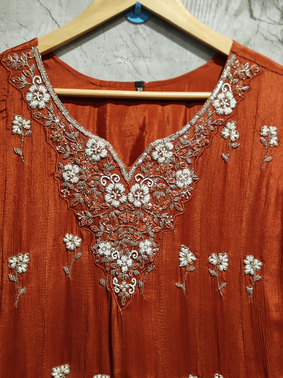 Orange Chinnon Hand Embroidery Airline Kurtha 567