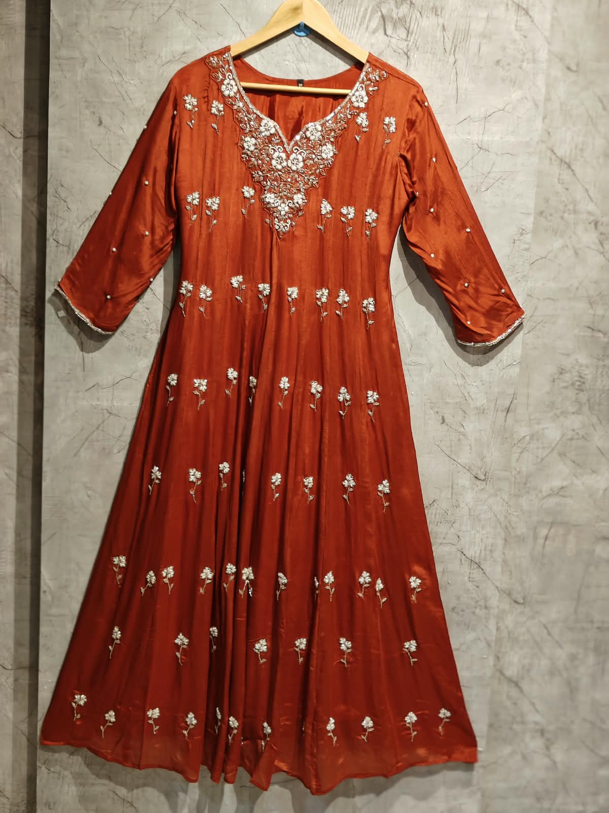 Orange Chinnon Hand Embroidery Airline Kurtha 567