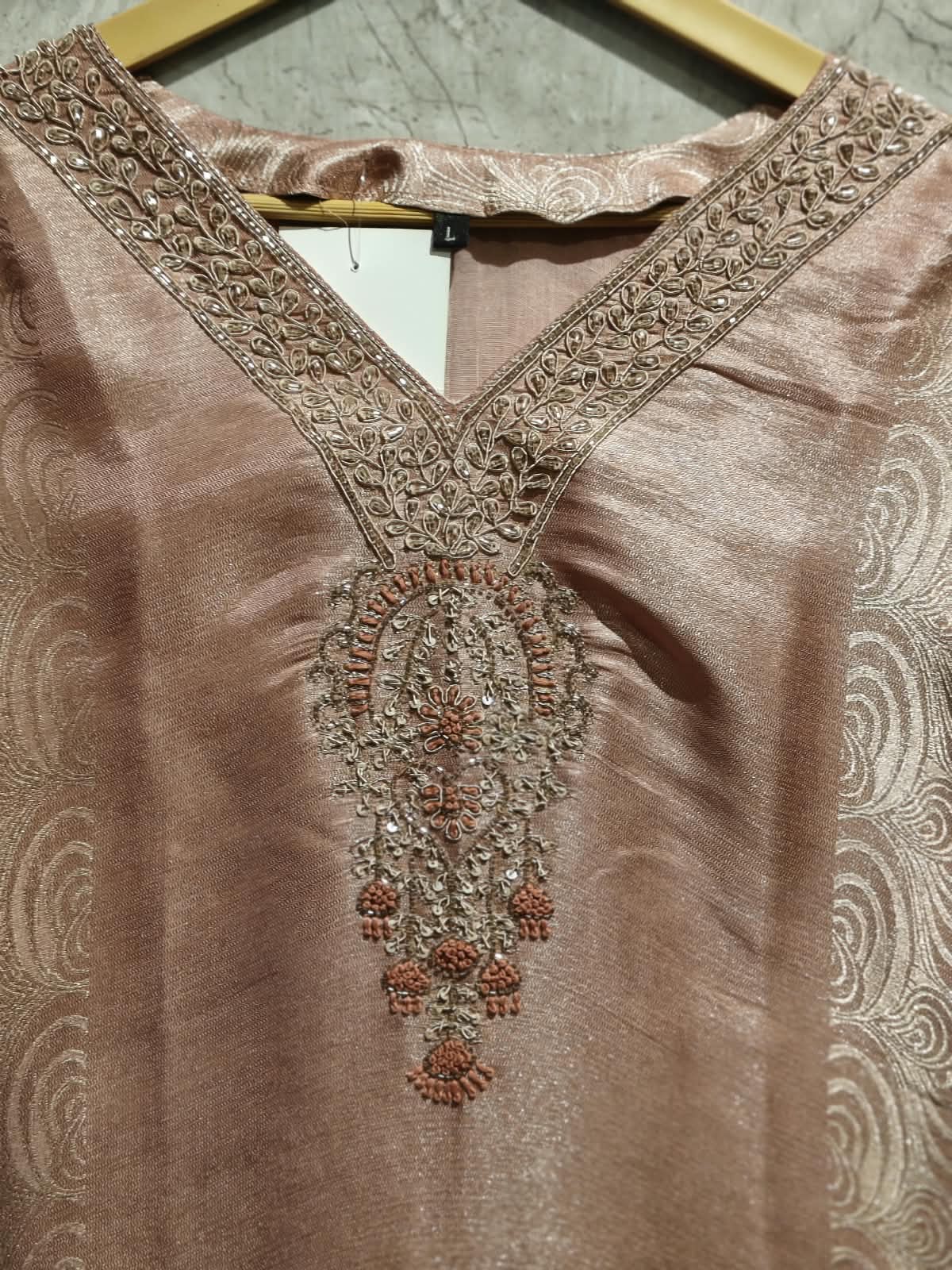 Peach Banarasi Tissue Silk Straight Kurtha 112
