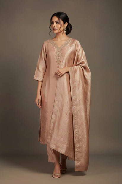 Peach Banarasi Tissue Silk Straight Kurtha 112