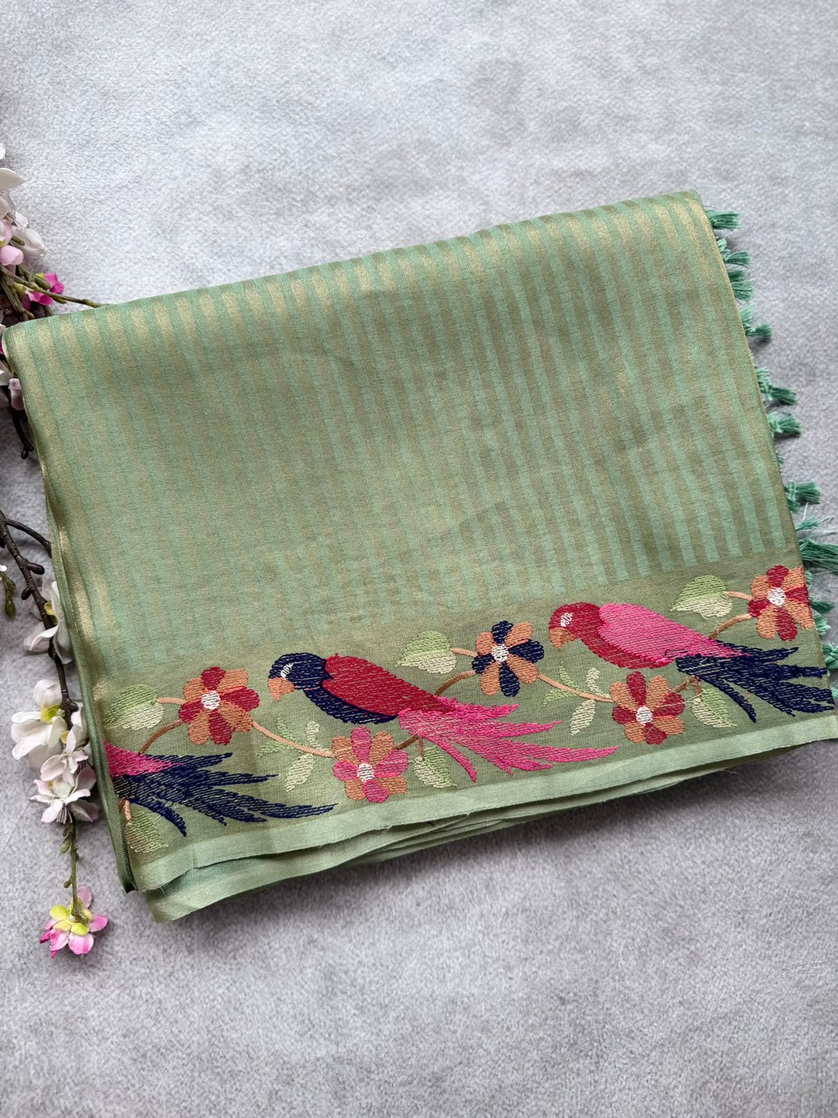 Pastel Green Embroidery Border Tissue Saree 109