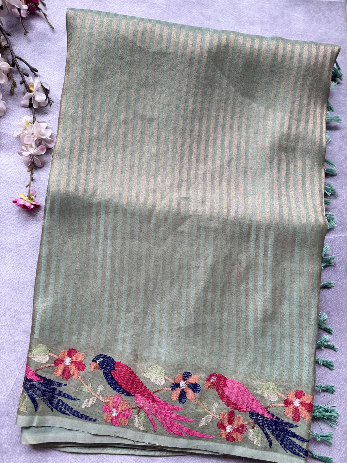 Pastel Green Embroidery Border Tissue Saree 109