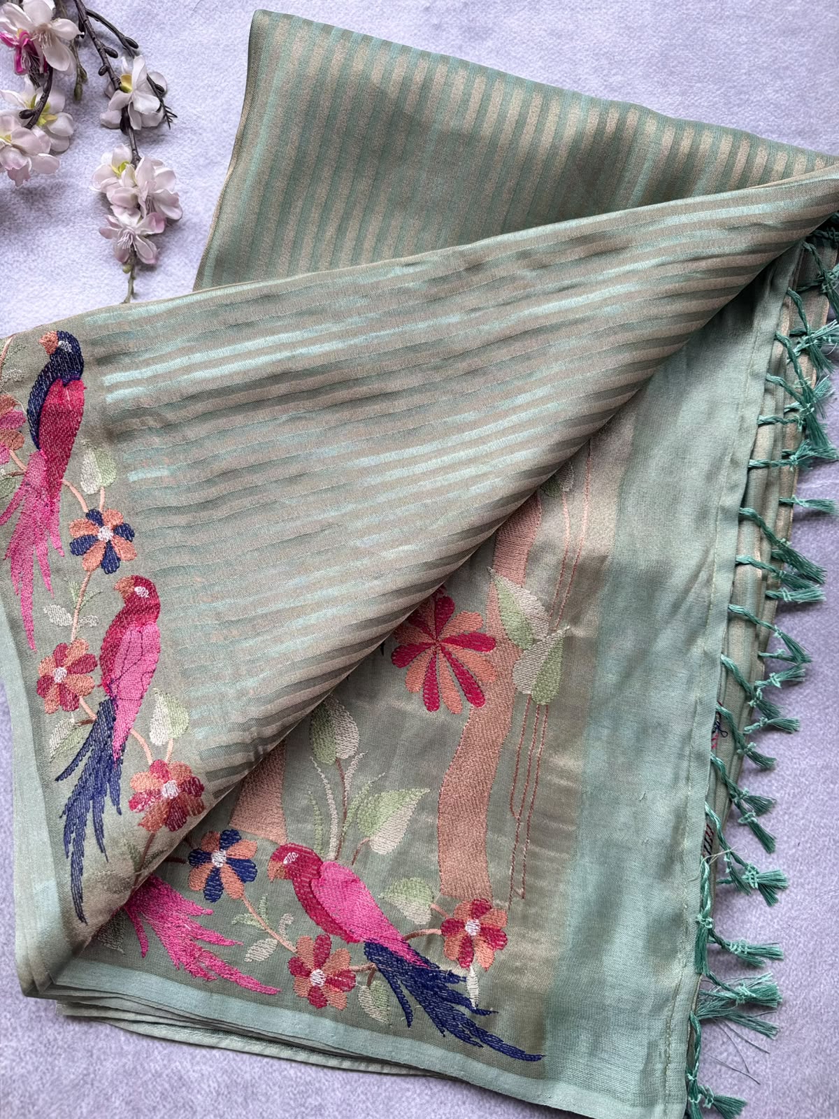 Pastel Green Embroidery Border Tissue Saree 109