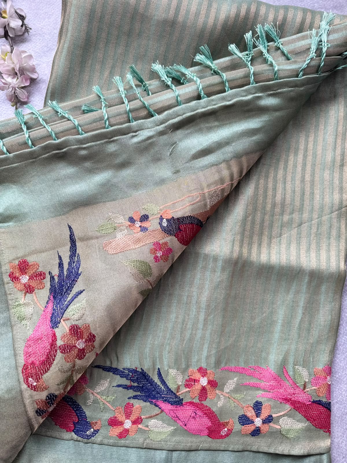 Pastel Green Embroidery Border Tissue Saree 109