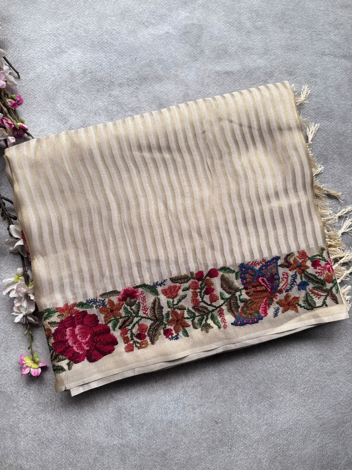 Cream Embroidery Border Tissue Saree 109