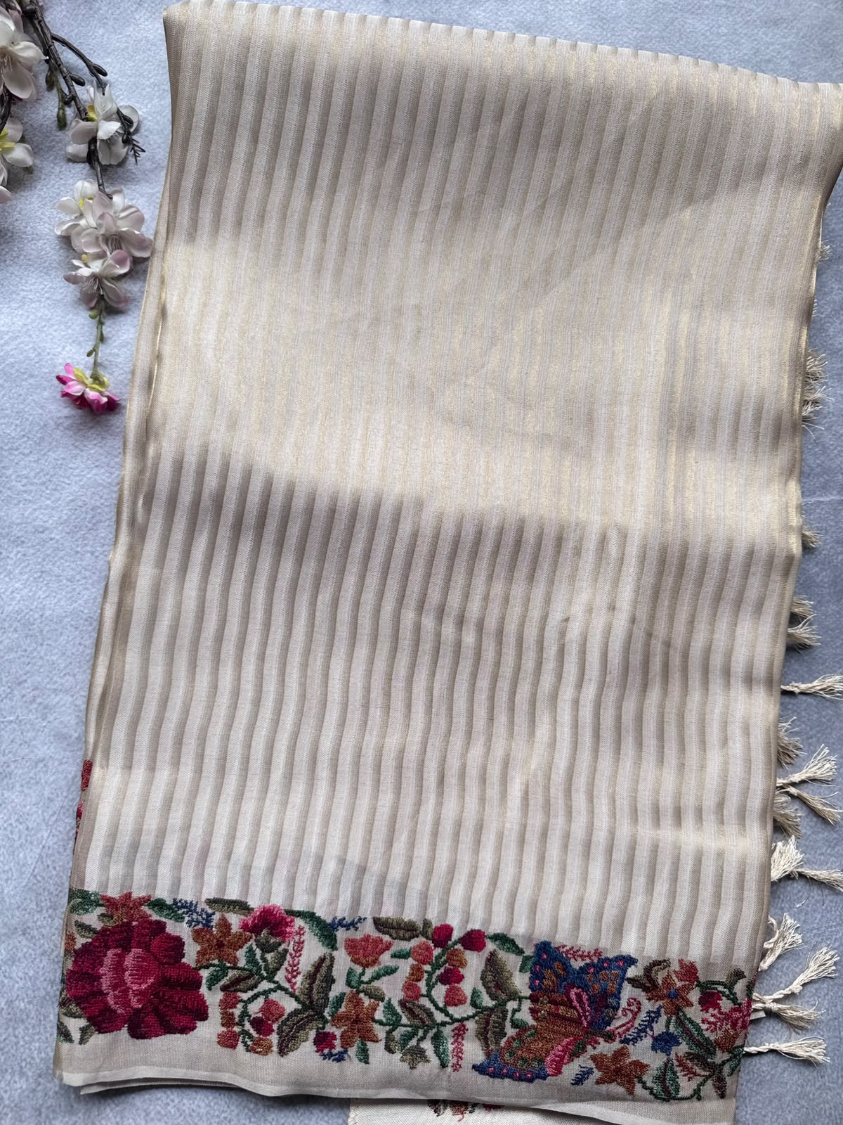 Cream Embroidery Border Tissue Saree 109