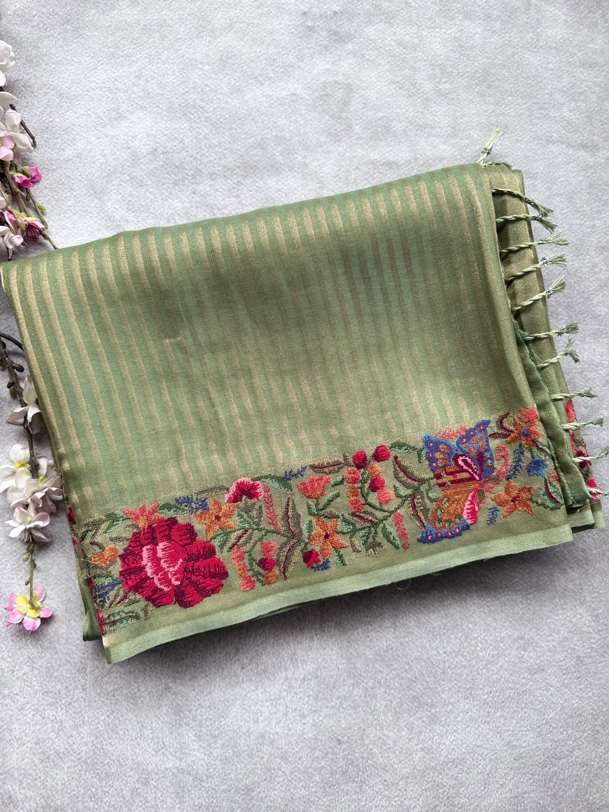 Pastel Green Embroidery Border Tissue Saree 109