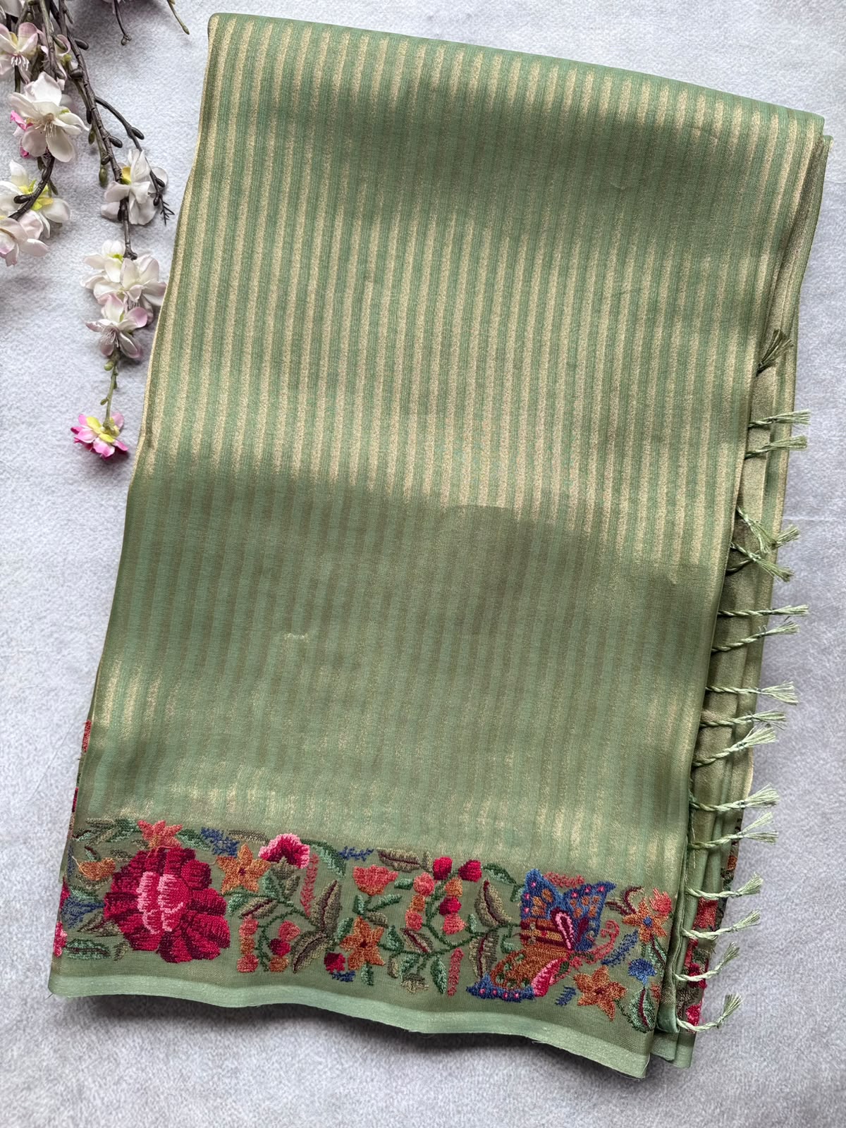 Pastel Green Embroidery Border Tissue Saree 109