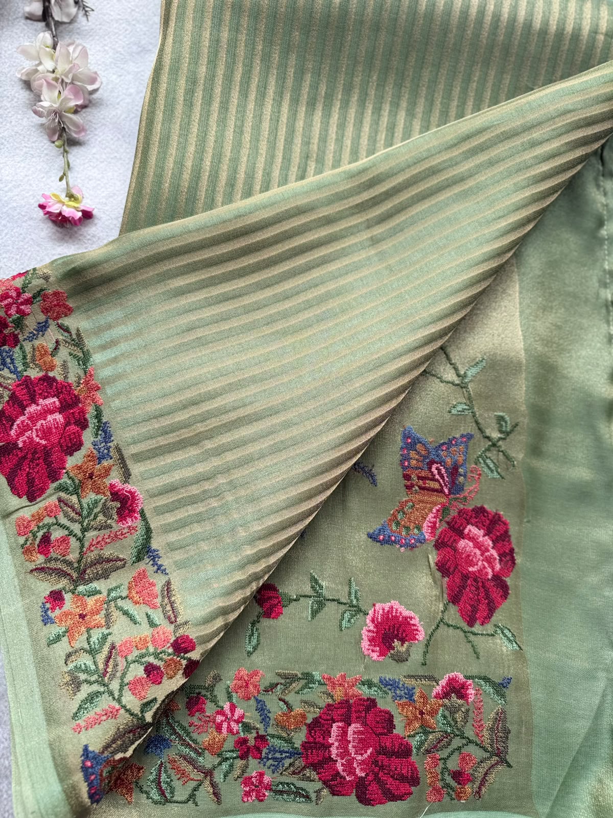 Pastel Green Embroidery Border Tissue Saree 109