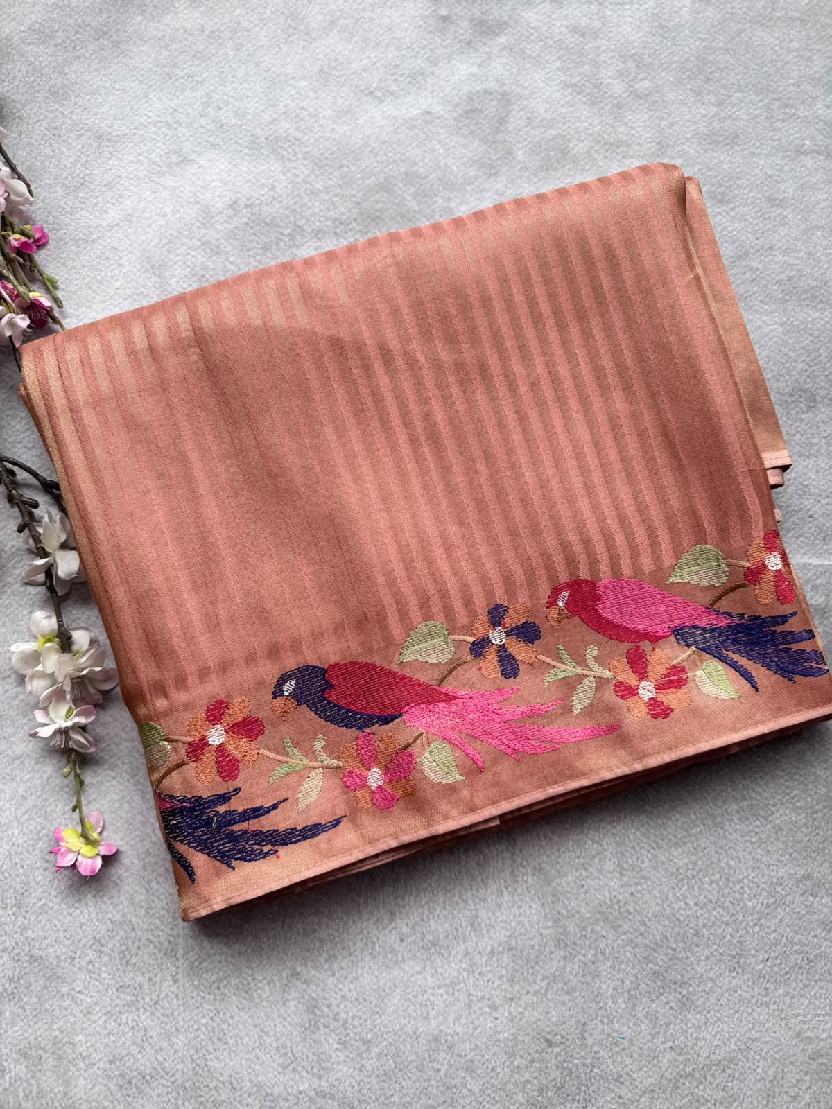 Peach Embroidery Border Tissue Saree 109