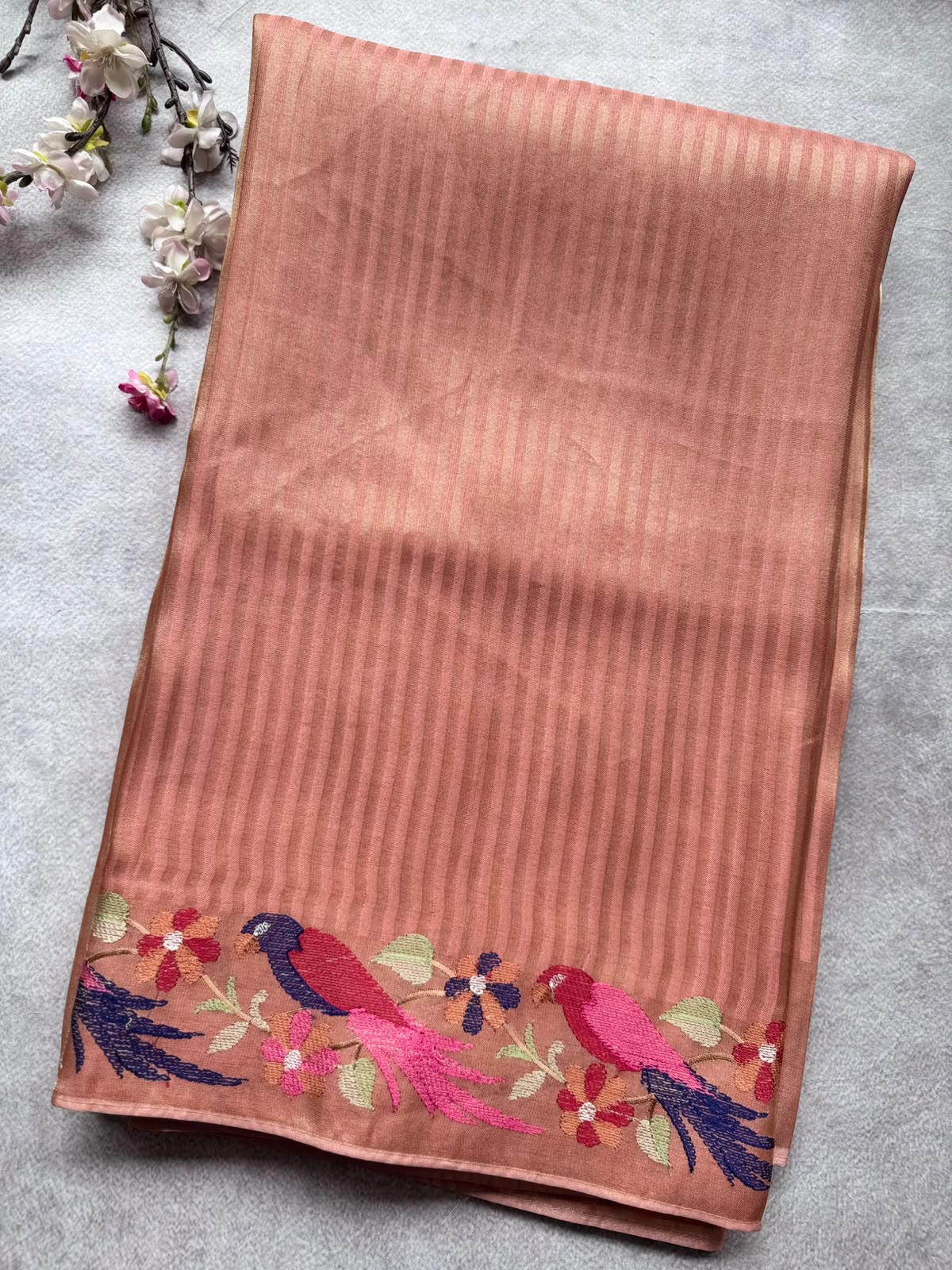 Peach Embroidery Border Tissue Saree 109