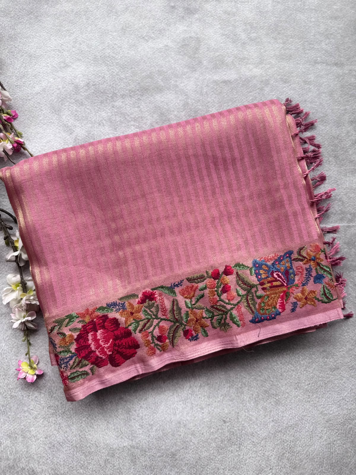 Pink Embroidery Border Tissue Saree 109