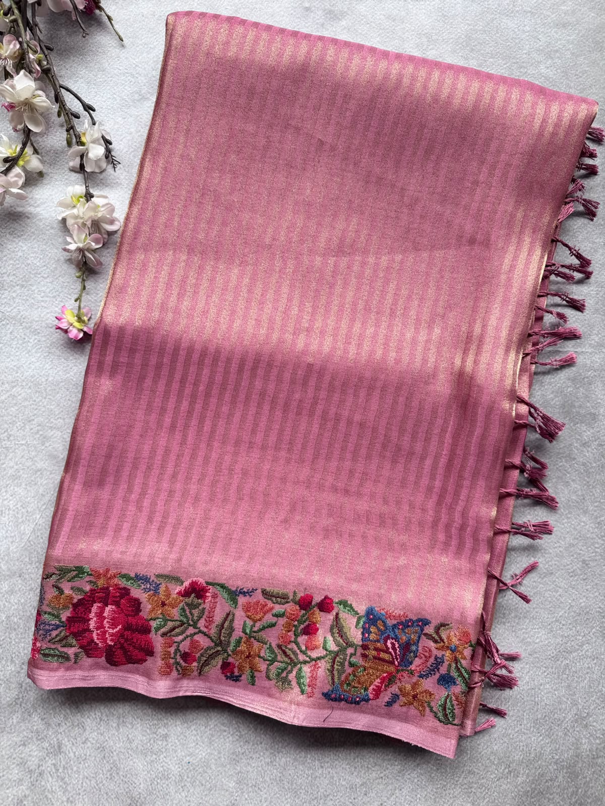 Pink Embroidery Border Tissue Saree 109