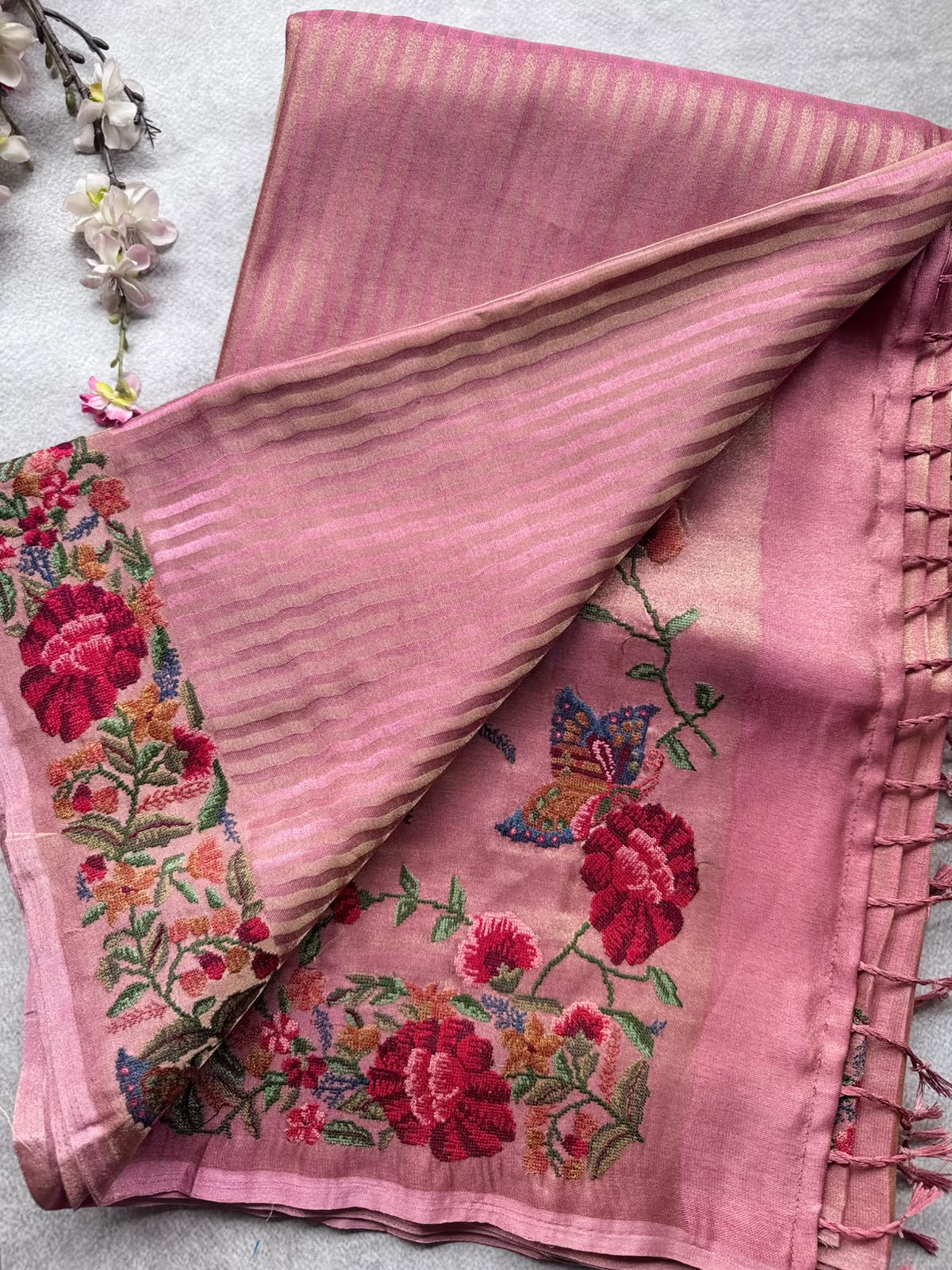 Pink Embroidery Border Tissue Saree 109