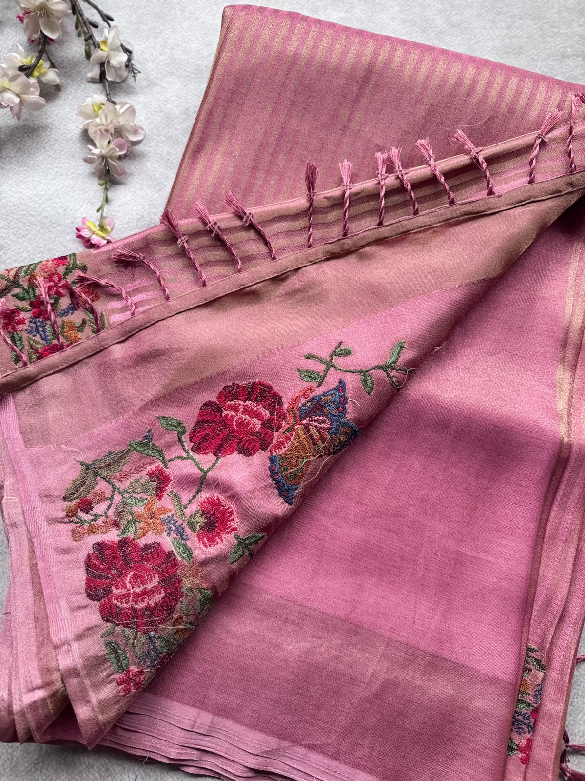 Pink Embroidery Border Tissue Saree 109