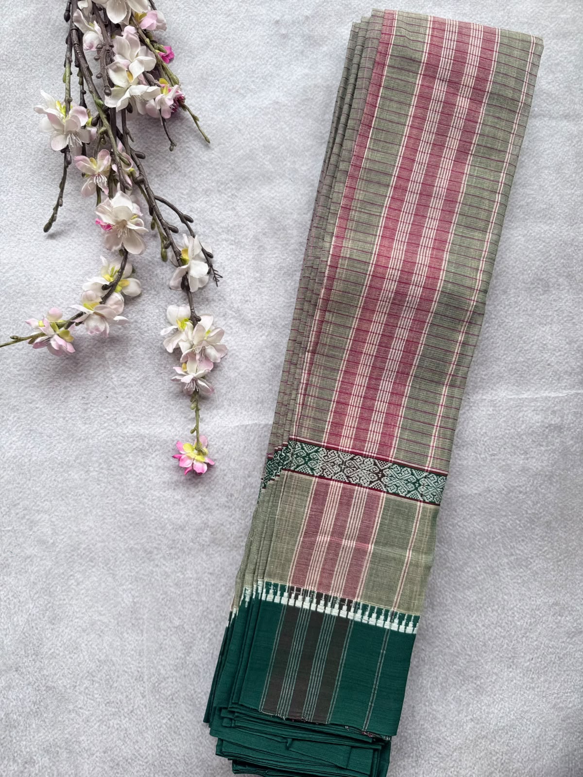 Bottle Green Checks Pure Cotton Saree 109