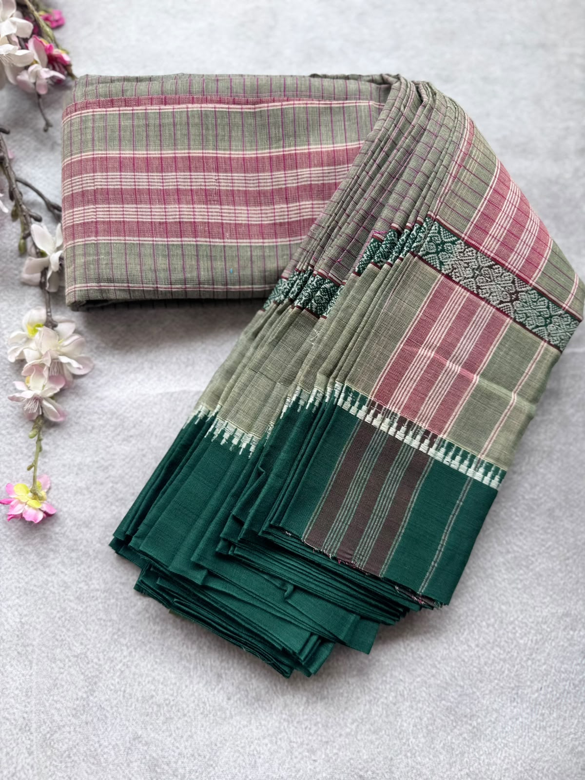 Bottle Green Checks Pure Cotton Saree 109