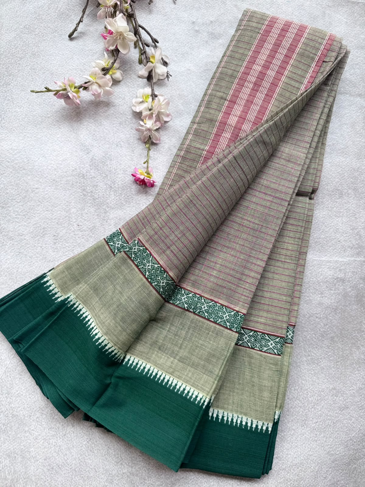 Bottle Green Checks Pure Cotton Saree 109