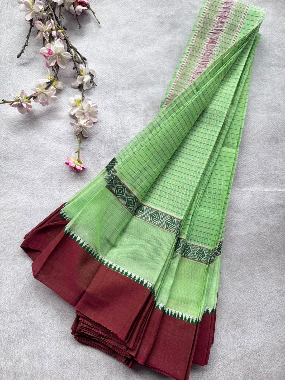 Light Green Checks Pure Cotton Saree 109