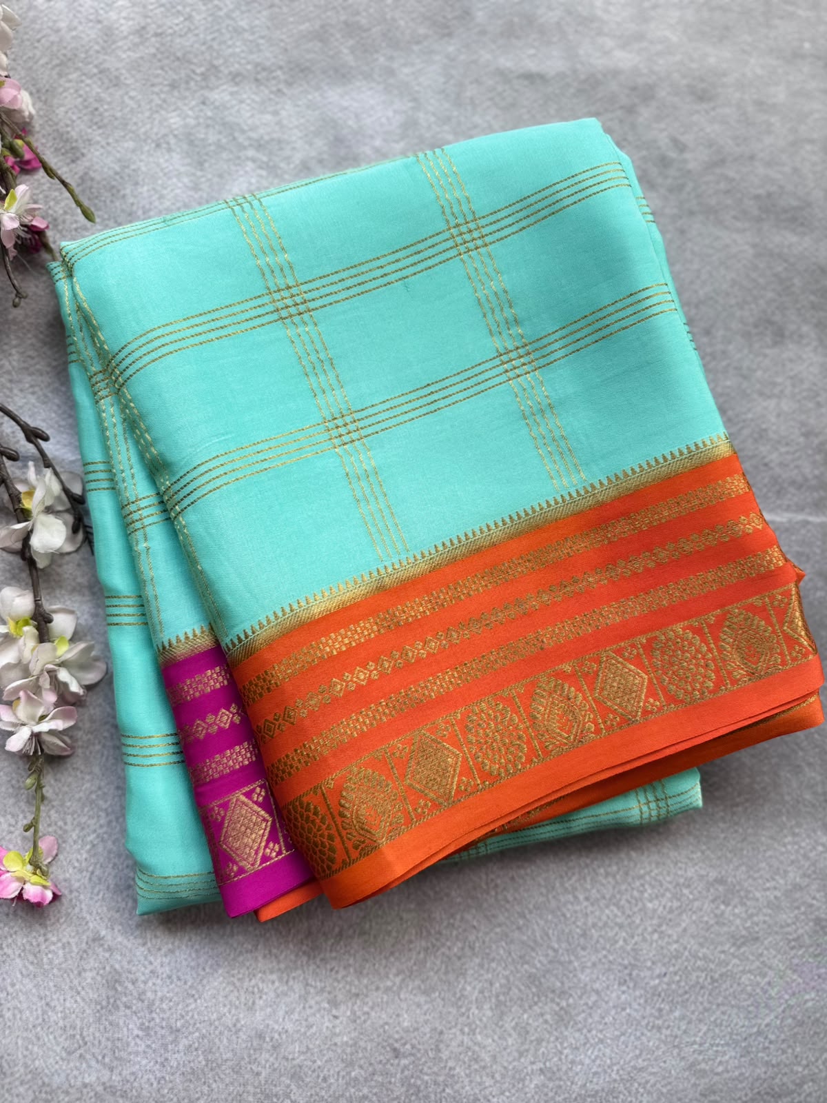 Aqua Blue Ganga Jamuna Border Pure Mysore Crepe Silk Saree 108