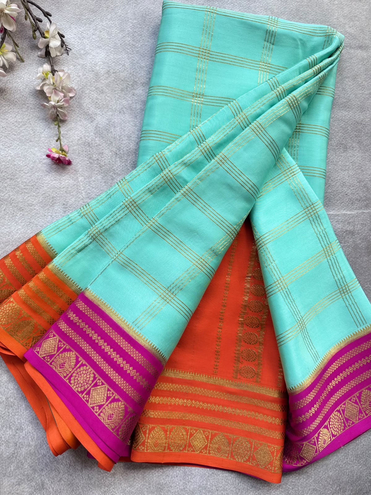 Aqua Blue Ganga Jamuna Border Pure Mysore Crepe Silk Saree 108