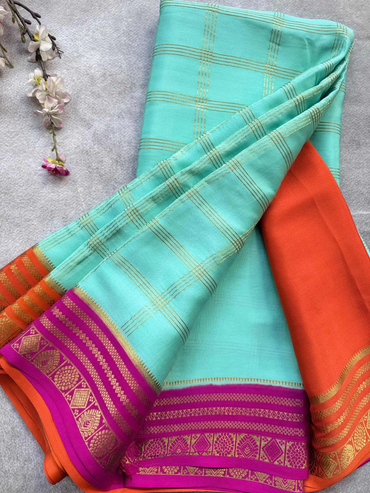 Aqua Blue Ganga Jamuna Border Pure Mysore Crepe Silk Saree 108