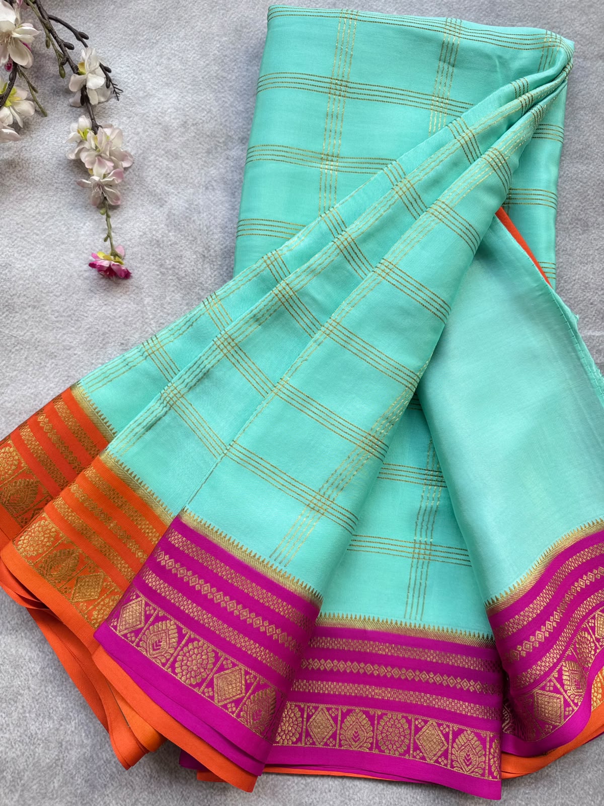 Aqua Blue Ganga Jamuna Border Pure Mysore Crepe Silk Saree 108