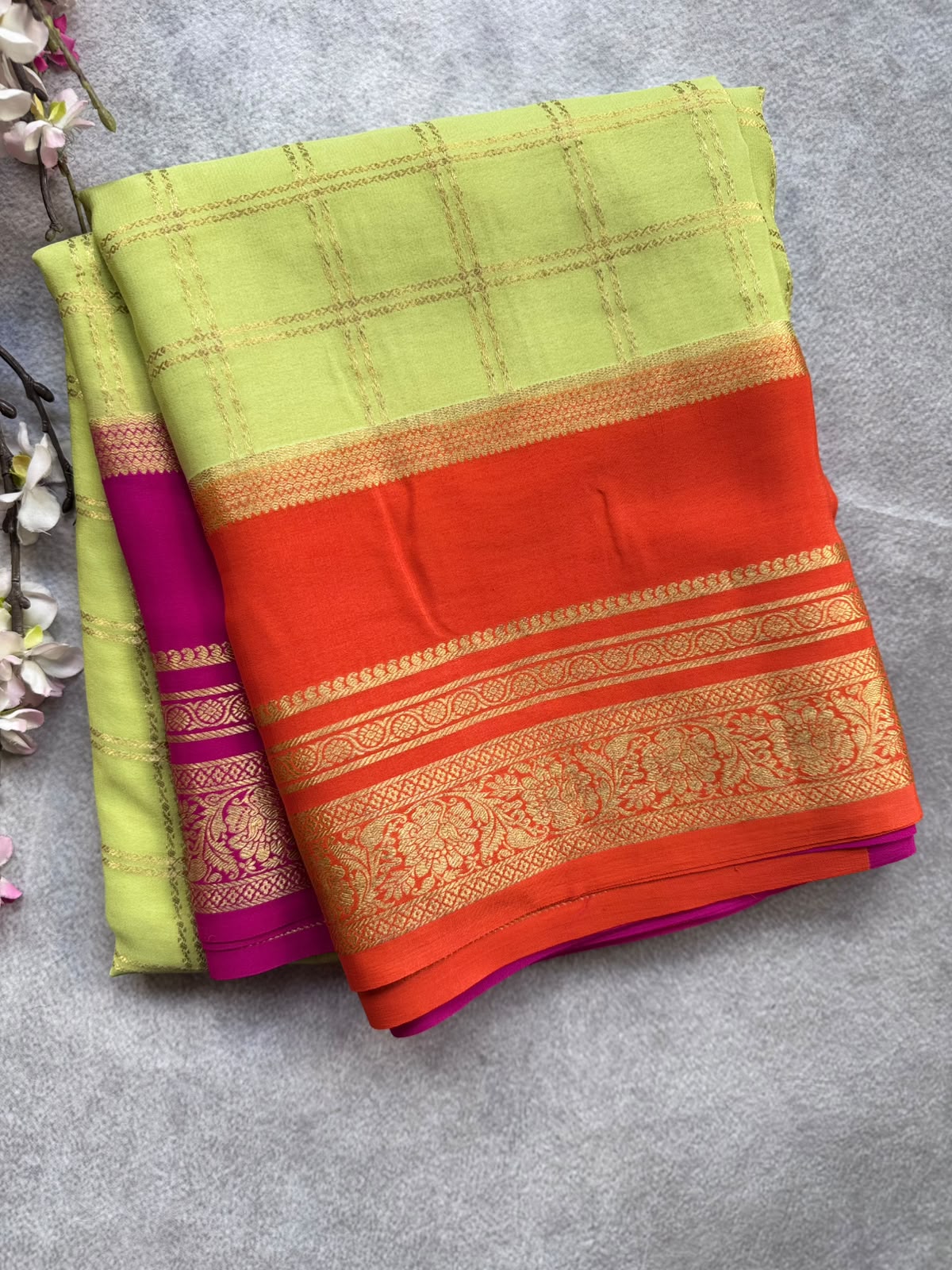 Pastel Green Ganga Jamuna Border Pure Mysore Crepe Silk Saree 108