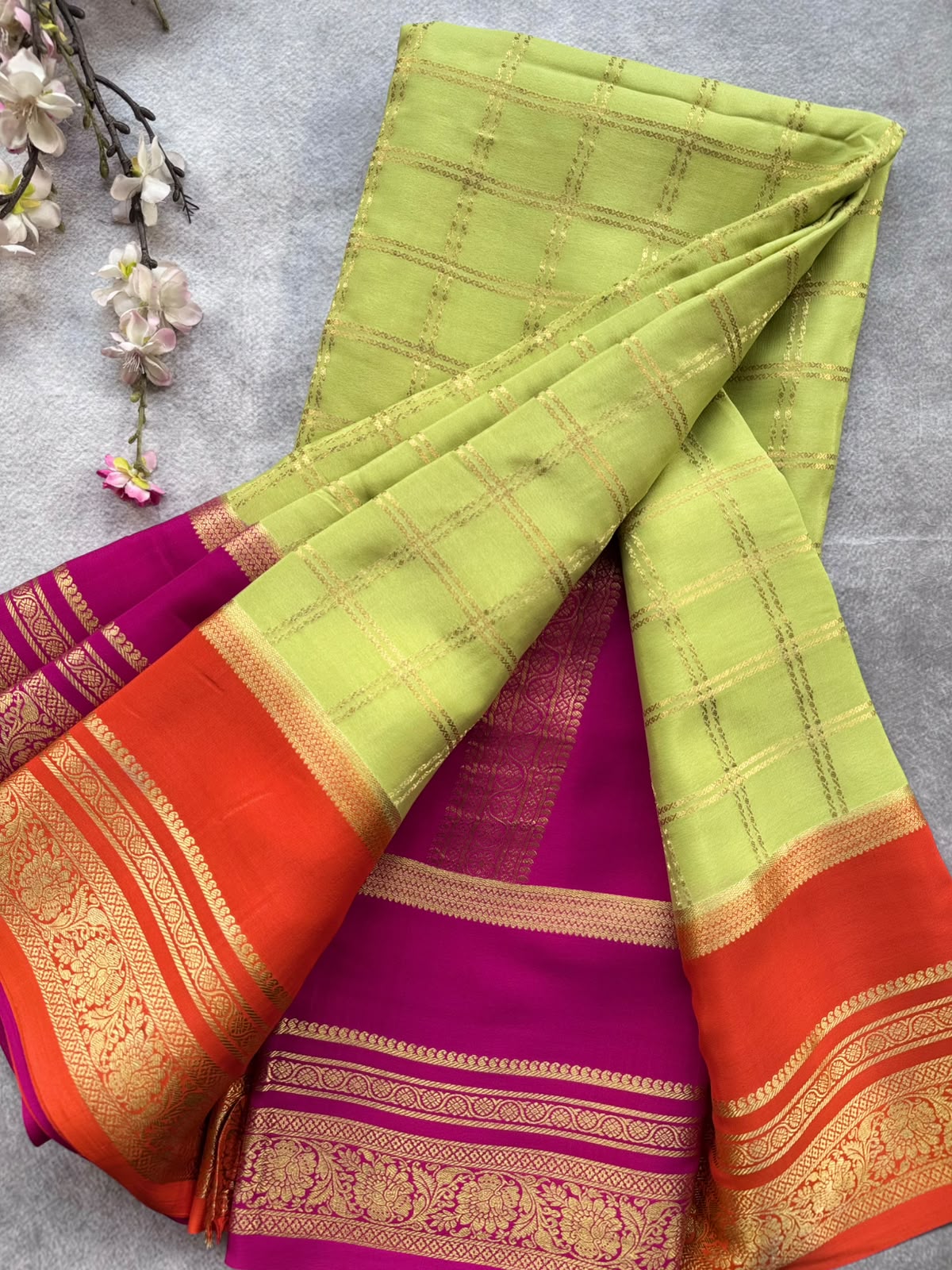 Pastel Green Ganga Jamuna Border Pure Mysore Crepe Silk Saree 108