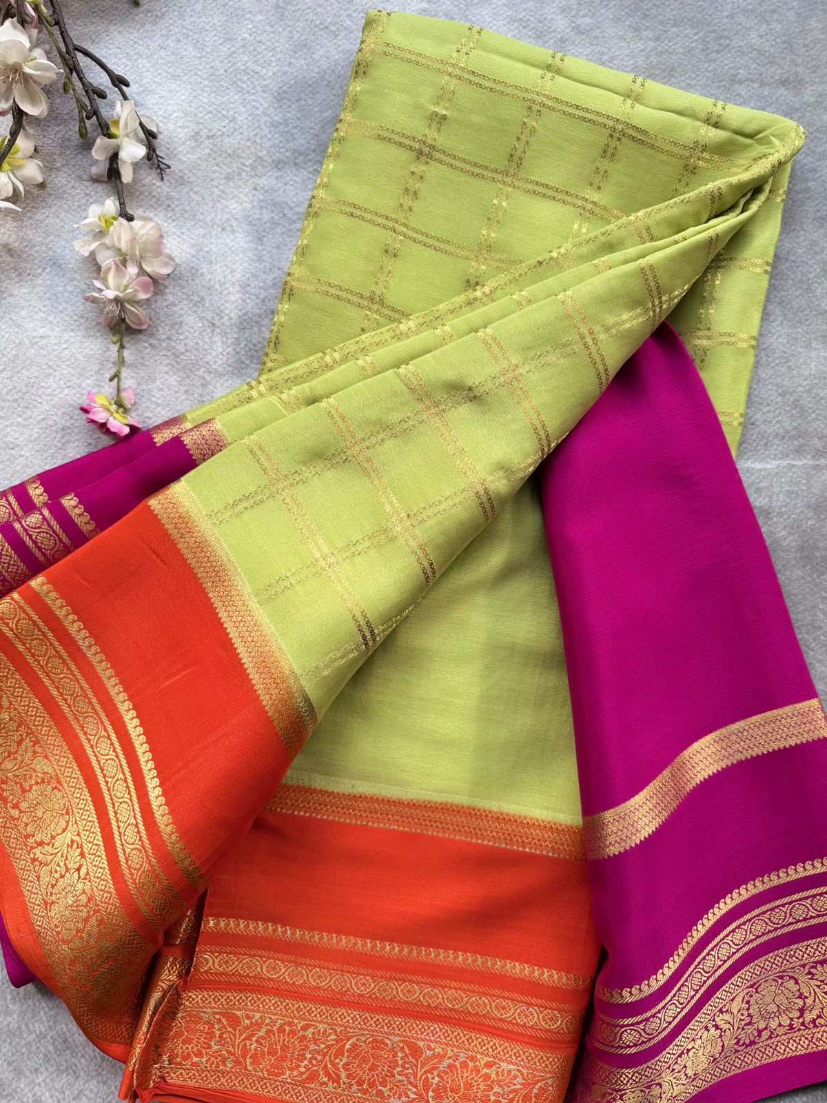 Pastel Green Ganga Jamuna Border Pure Mysore Crepe Silk Saree 108