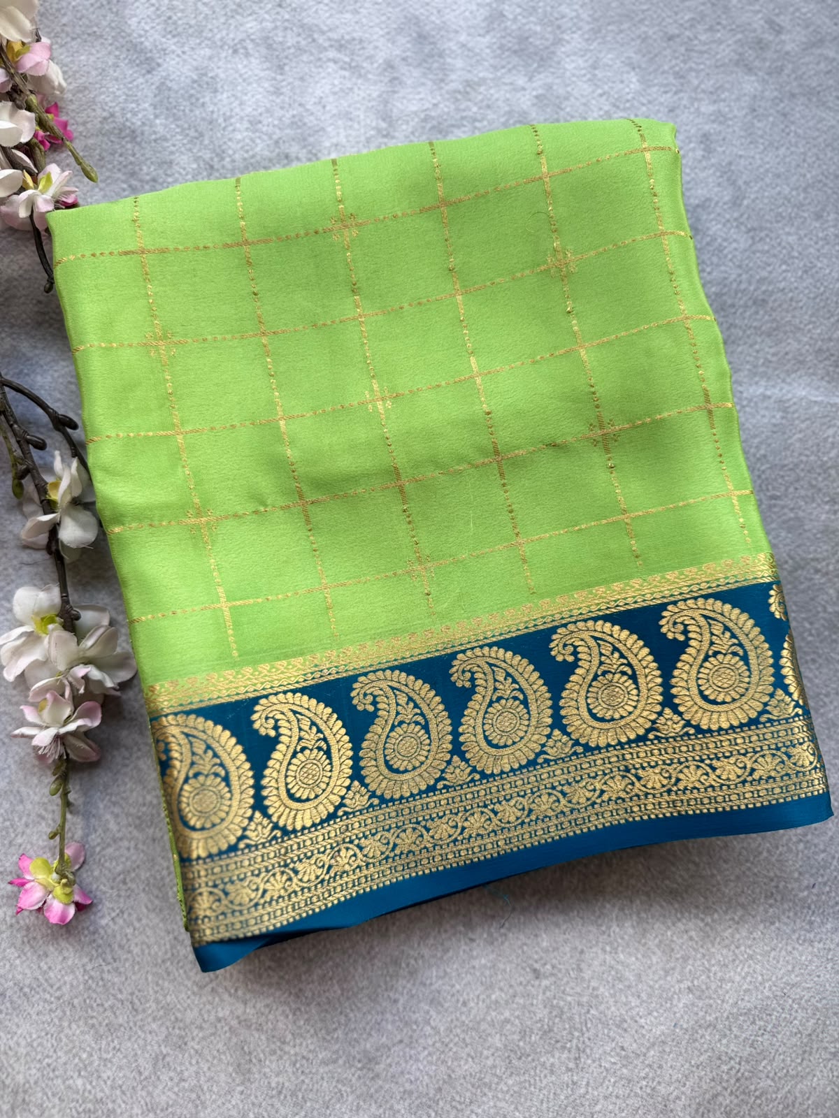 Green Checks Pure Mysore Crepe Silk Saree 109