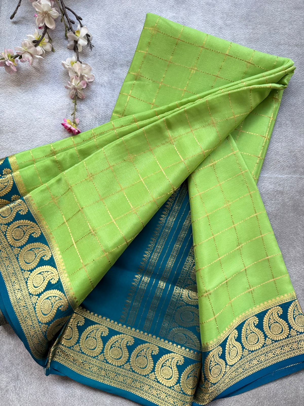 Green Checks Pure Mysore Crepe Silk Saree 109