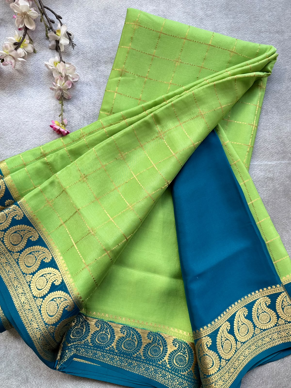 Green Checks Pure Mysore Crepe Silk Saree 109
