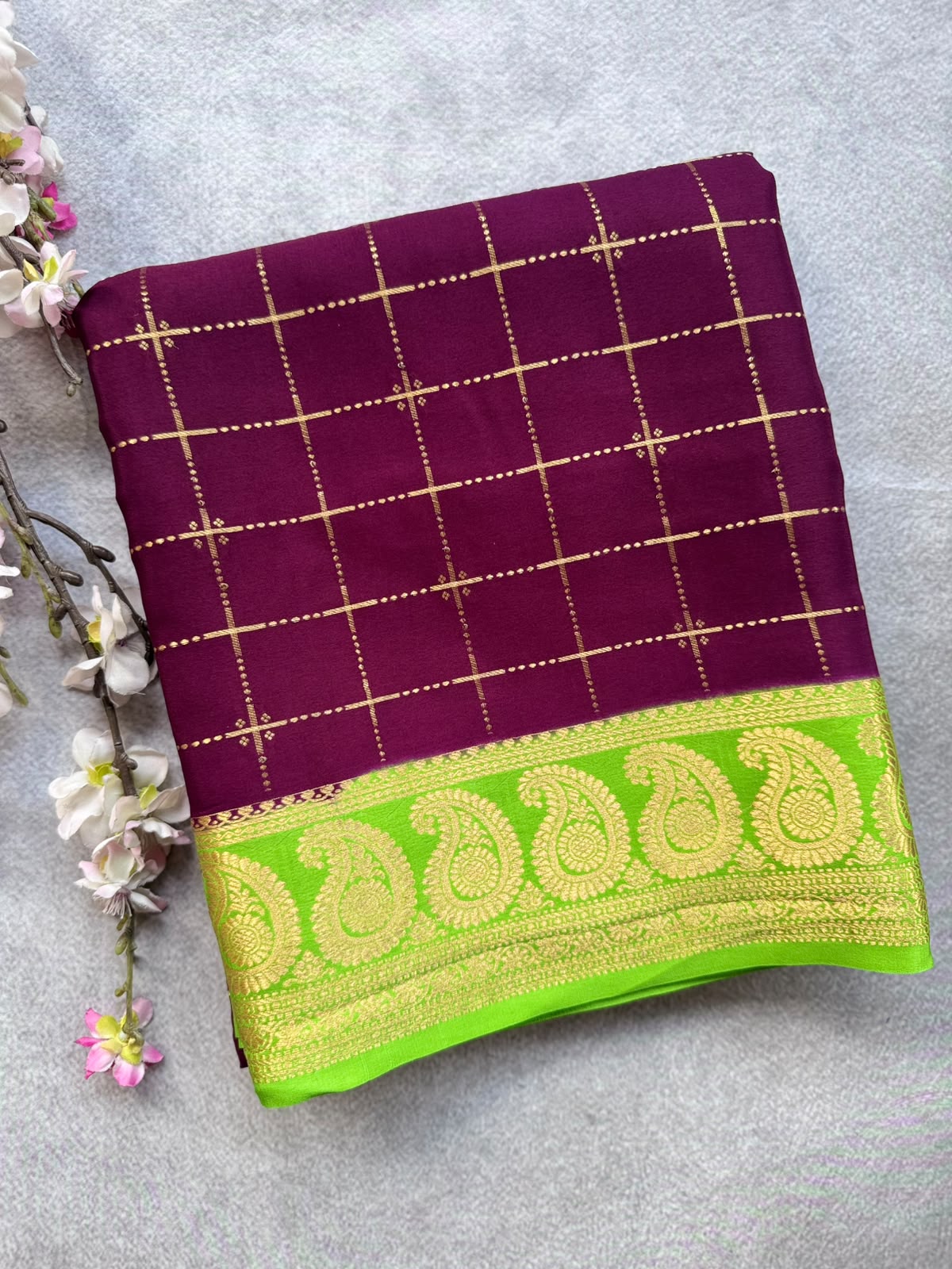 Wine Checks Pure Mysore Crepe Silk Saree 109