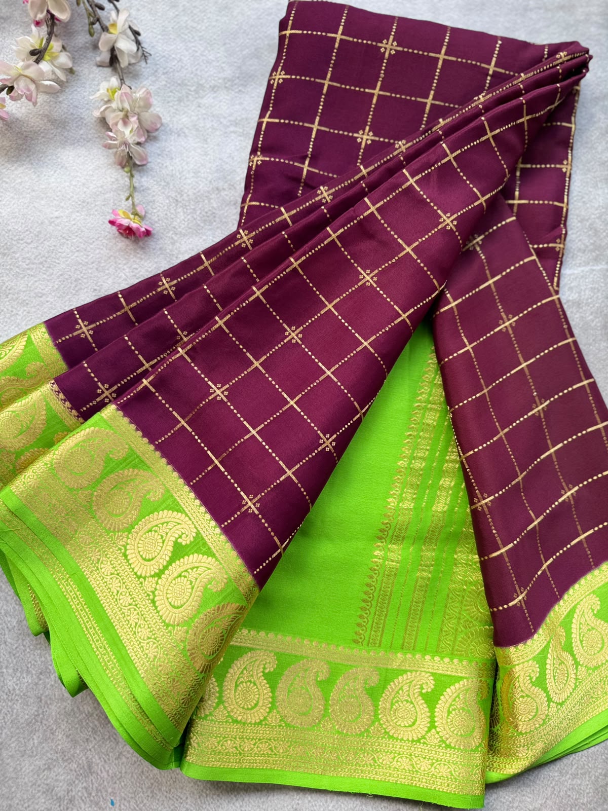Wine Checks Pure Mysore Crepe Silk Saree 109