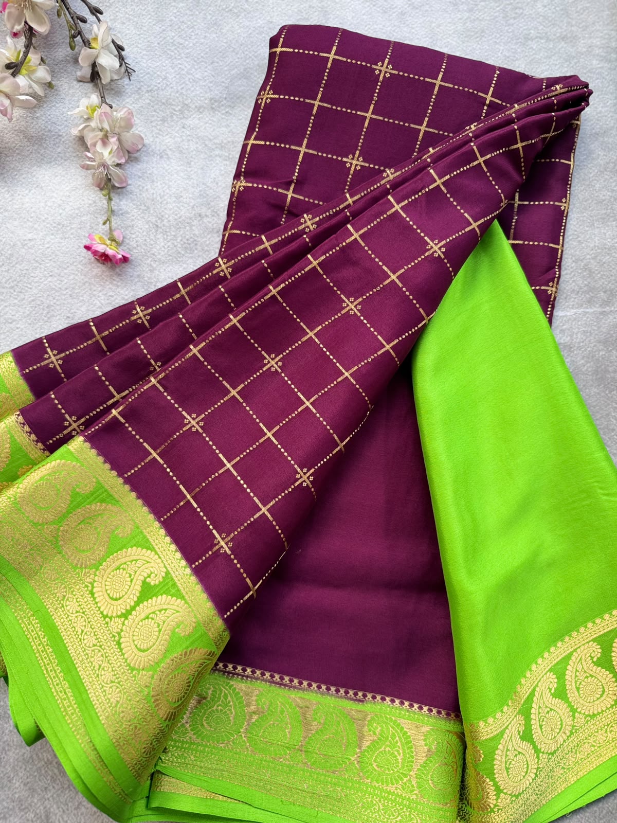 Wine Checks Pure Mysore Crepe Silk Saree 109