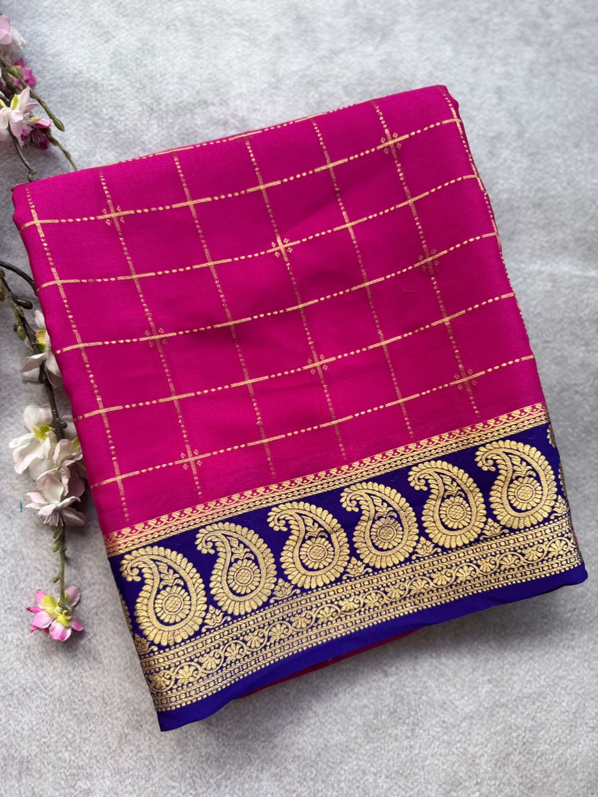 Magenta Checks Pure Mysore Crepe Silk Saree 109