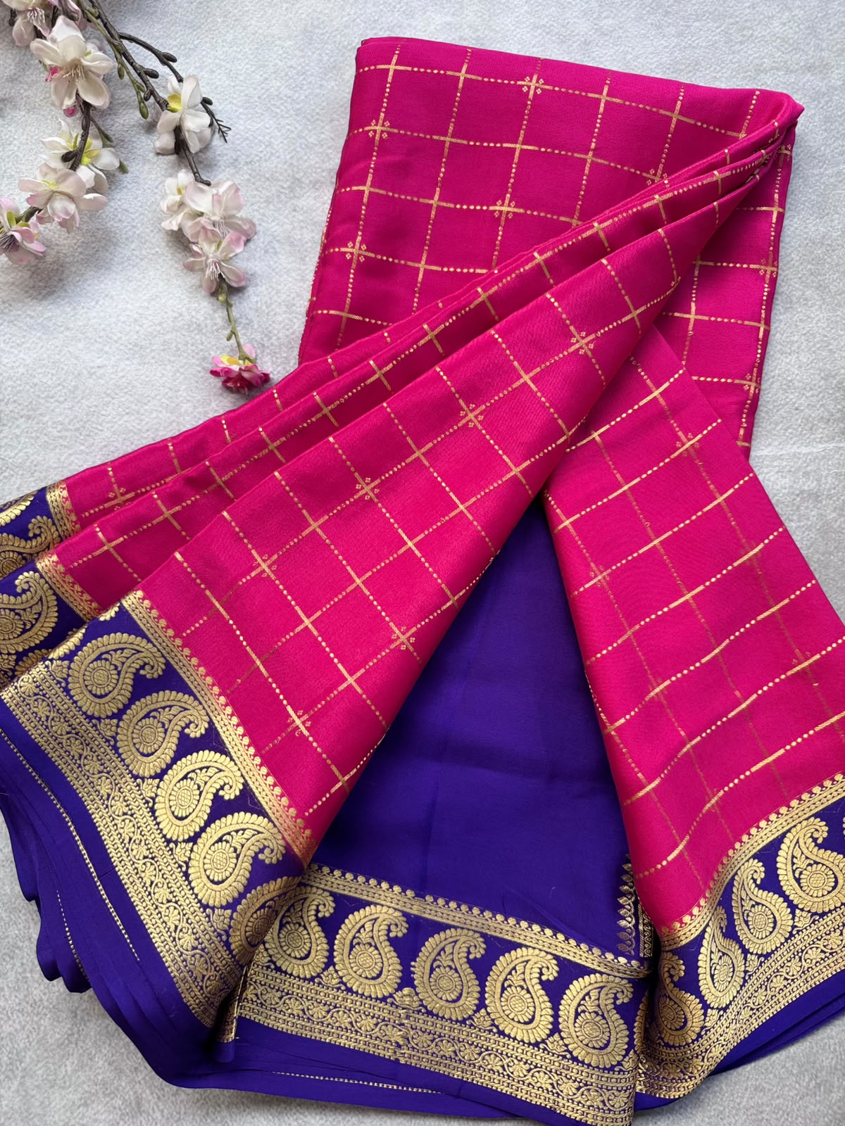 Magenta Checks Pure Mysore Crepe Silk Saree 109