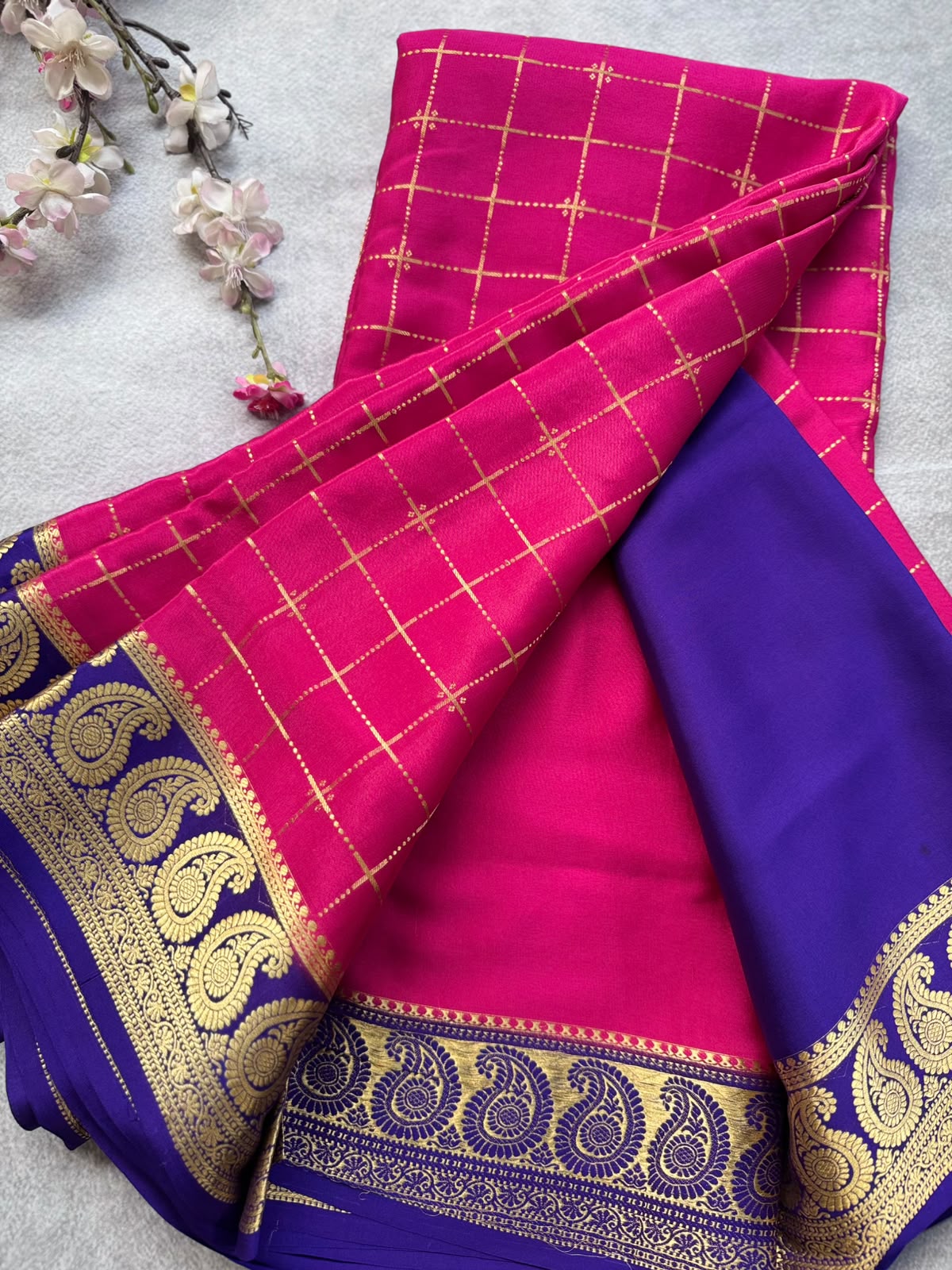 Magenta Checks Pure Mysore Crepe Silk Saree 109