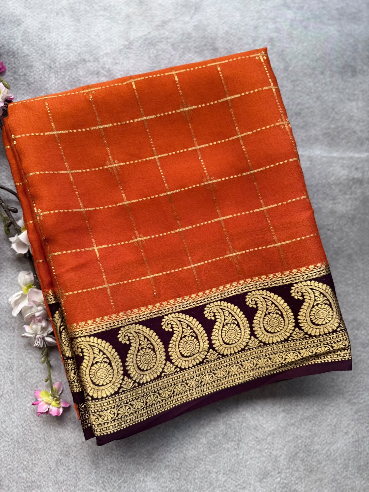 Orange Checks Pure Mysore Crepe Silk Saree 109